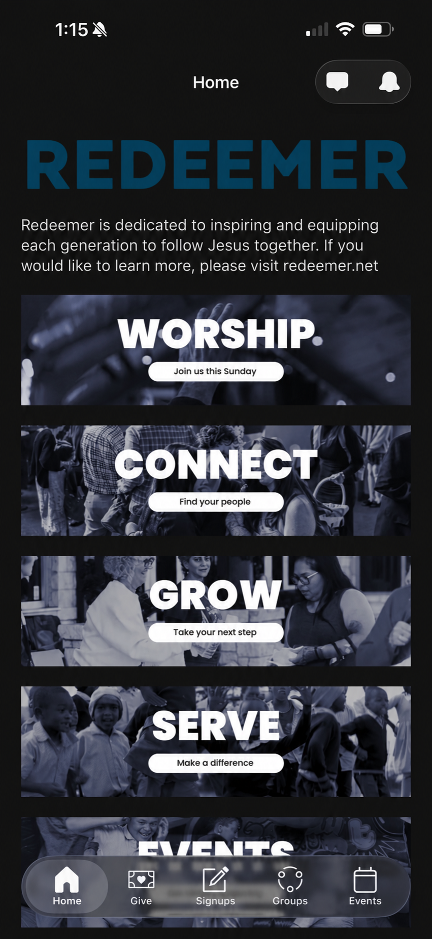 Redeemer Austin home screen in the Church Center app